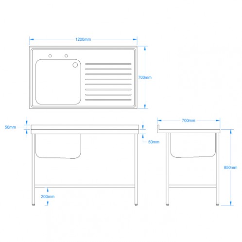 1200 x 700mm Sink (500x500mm Bowl)