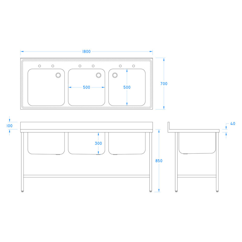 1800 x 700mm Triple Bowl Sink 