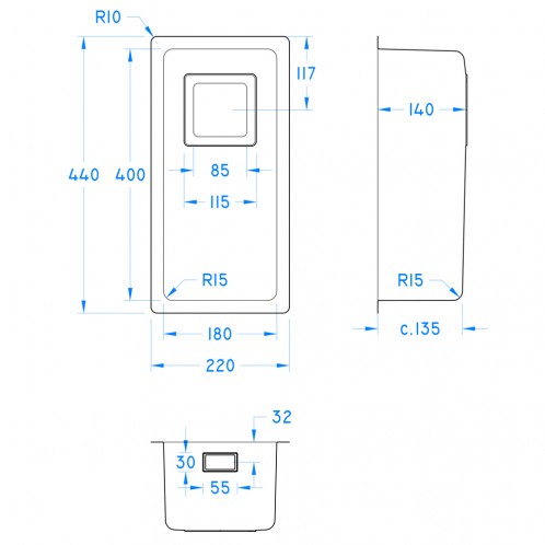 Undermount Sink Bowl  400 x 180 x 140