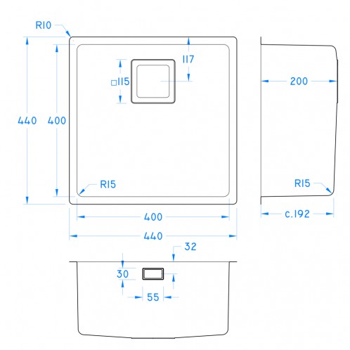 Undermount Sink Bowl 400 x 400 x 200