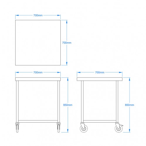 700 x 700mm Mobile Stainless Steel Table