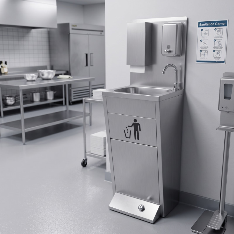 Foot Operated Wash Hand Basin with soap, towel dispenser