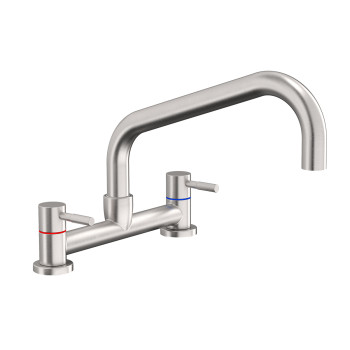Stainless Steel Twin Lever Deck Mounted Mixer Tap with Swan Neck Spout