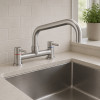 Stainless Steel Twin Lever Deck Mounted Mixer Tap with Swan Neck Spout