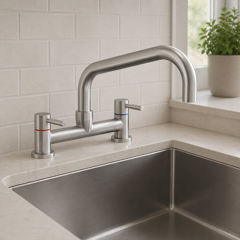 Stainless Steel Twin Lever Deck Mounted Mixer Tap with Swan Neck Spout