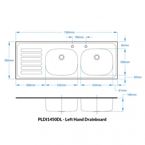 Double Bowl Inset Sink Top 1364 x 500mm Double Bowl Inset Sink Top 1364 x 500mm