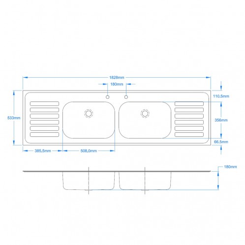 Double Bowl Double Drain Inset Sink Top 1828 x 533mm