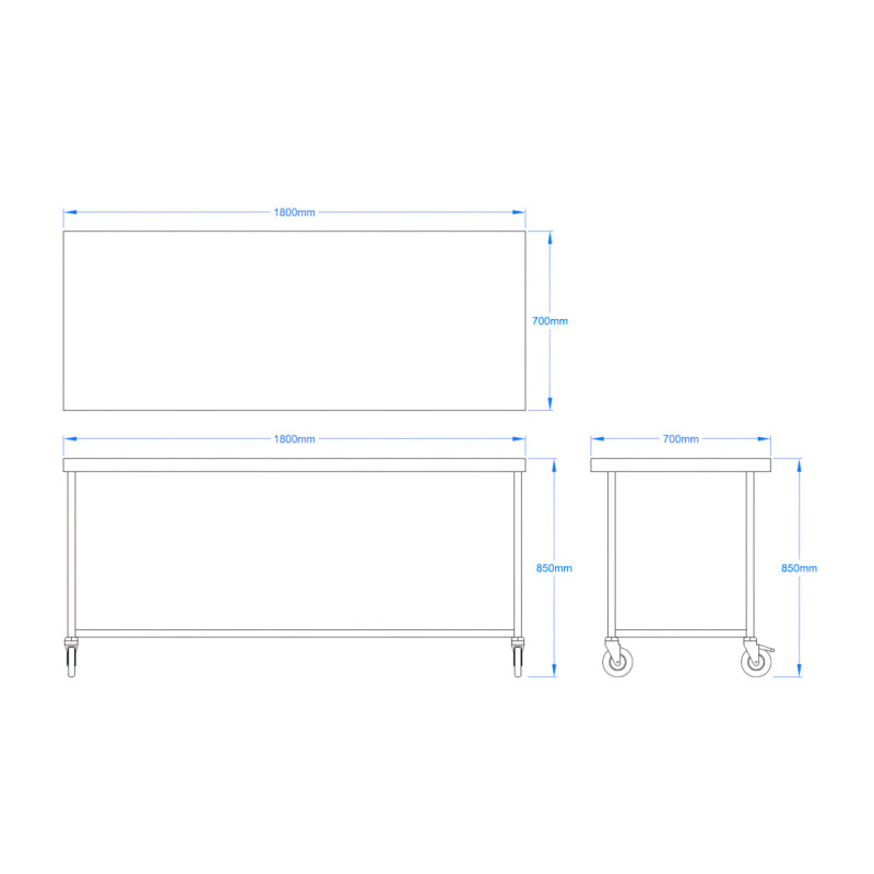 1800 x 700mm Mobile Stainless Steel Table