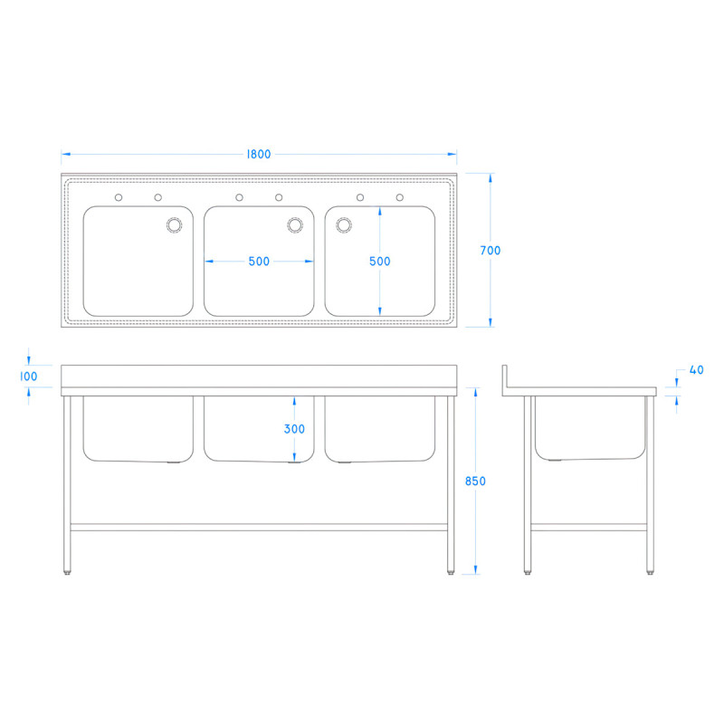 1800 x 700mm Triple Bowl Sink 
