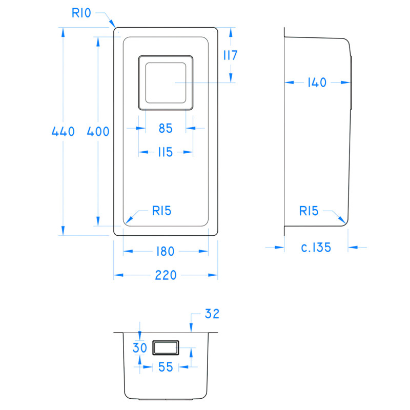 Undermount Sink Bowl  400 x 180 x 140