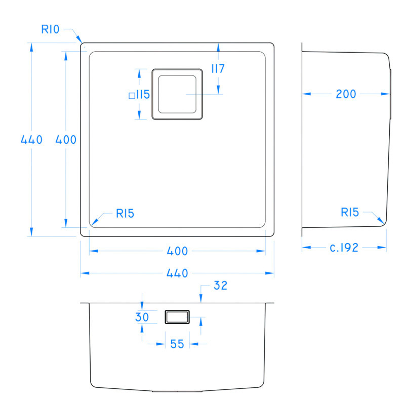 Undermount Sink Bowl 400 x 400 x 200