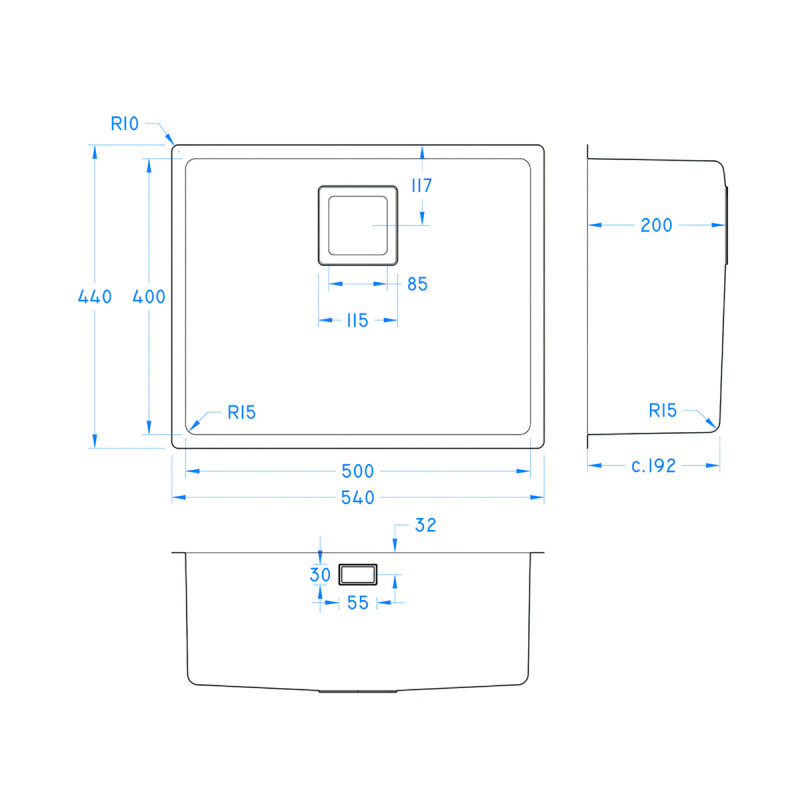 Undermount Sink Bowl  500 x 400 x 200