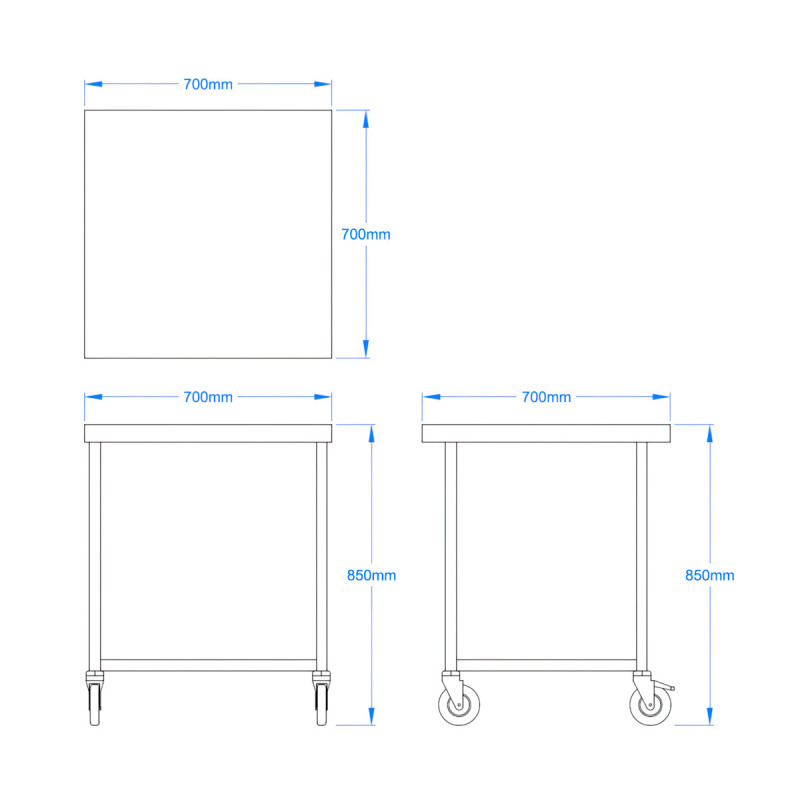 700 x 700mm Mobile Stainless Steel Table