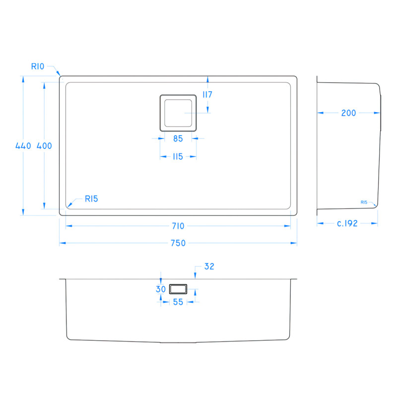 Undermount Sink Bowl  710 x 400 x 200 