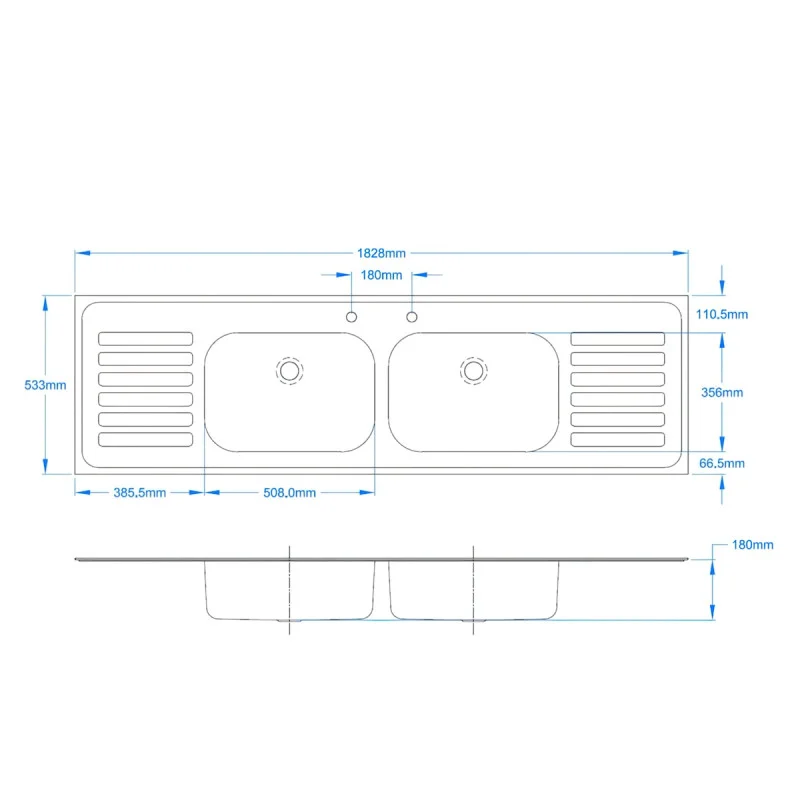 Double Bowl Double Drain Inset Sink Top 1828 x 533mm