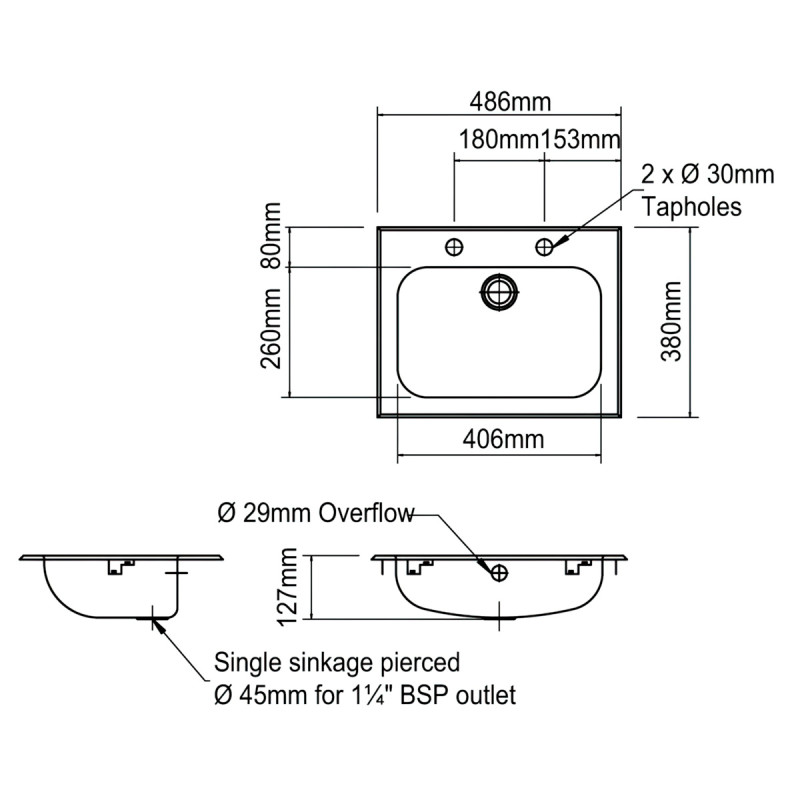 Inset Hand Basin with tap holes