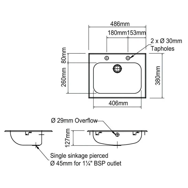 Inset Hand Basin with tap holes